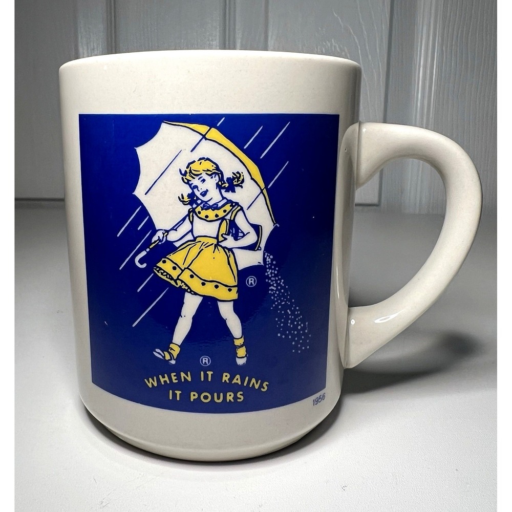 Vintage Morton Salt Coffee Mug 1956 When It Rains It Pours Umbrella Girl Crazing